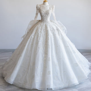 Long Sleeve Ruffle Skirt Ball Gown with Glitter Tulle