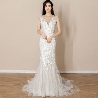 Mermaid Deep V-Neck Lace Wedding Dresses Nude Back Bridal Gowns