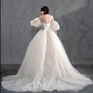 Puff Sleeve Floral Wedding Dress with Low Back