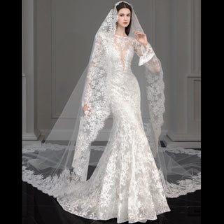 Illusion Lace Long Sleeve Fit and Flare Wedding Dress