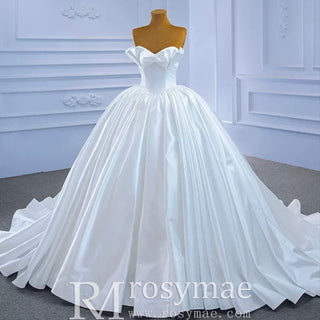 Ruched Satin Strapless Puffy Wedding Dress Luxury Bridal Gowns