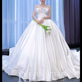 Ruched Satin Strapless Puffy Wedding Dress Luxury Bridal Gowns