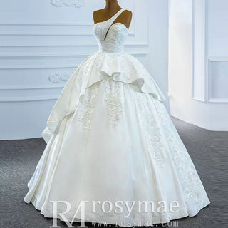 One Shoulder Ball Gown Wedding Dress Lace Appliqued Satin Bridal Gown