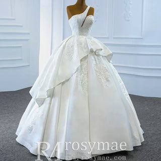 One Shoulder Ball Gown Wedding Dress Lace Appliqued Satin Bridal Gown