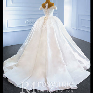 Satin Ball Gown Off the Shoulder Wedding Dress with Pearls