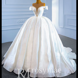 Satin Ball Gown Off the Shoulder Wedding Dress with Pearls