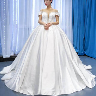 Satin Ball Gown Off the Shoulder Wedding Dress with Pearls