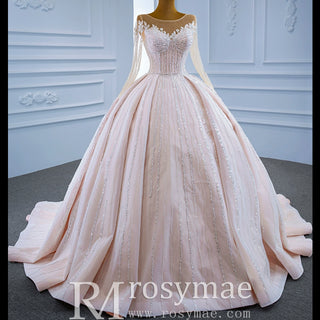 Luxury Beaded Blush Ball Gown Wedding Dress with Long Sleeves