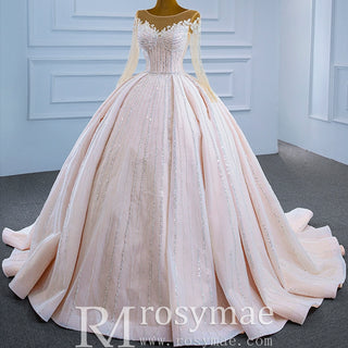 Luxury Beaded Blush Ball Gown Wedding Dress with Long Sleeves