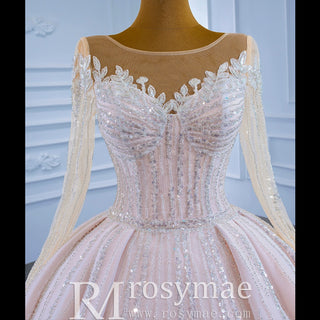 Luxury Beaded Blush Ball Gown Wedding Dress with Long Sleeves