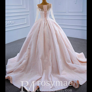 Luxury Beaded Blush Ball Gown Wedding Dress with Long Sleeves