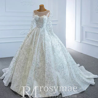 Fully Beaded Scoop Ball Gown Wedding Dress Long Sleeve Bridal Gown