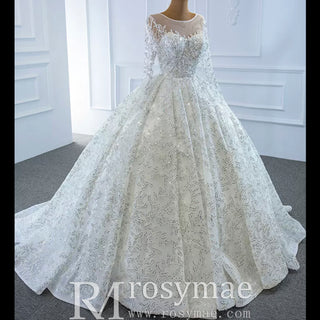 Fully Beaded Scoop Ball Gown Wedding Dress Long Sleeve Bridal Gown