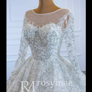 Fully Beaded Scoop Ball Gown Wedding Dress Long Sleeve Bridal Gown