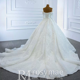 Ball Gown Lace Wedding Dress with Off Shoulder Long Sleeve Bridal Gown