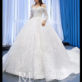 Ball Gown Lace Wedding Dress with Off Shoulder Long Sleeve Bridal Gown