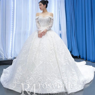 Ball Gown Lace Wedding Dress with Off Shoulder Long Sleeve Bridal Gown