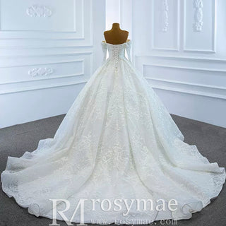 Ball Gown Lace Wedding Dress with Off Shoulder Long Sleeve Bridal Gown