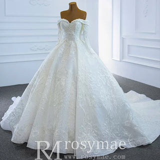 Ball Gown Lace Wedding Dress with Off Shoulder Long Sleeve Bridal Gown