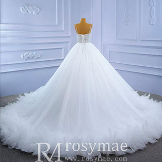 Luxury Beaded Tulle Ball Gown Wedding Dress with Spaghetti Straps