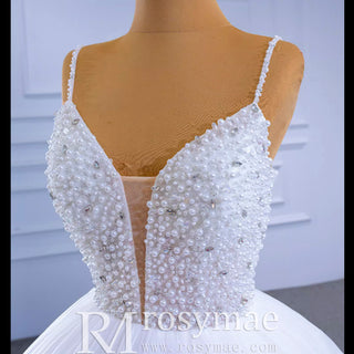 Luxury Beaded Tulle Ball Gown Wedding Dress with Spaghetti Straps