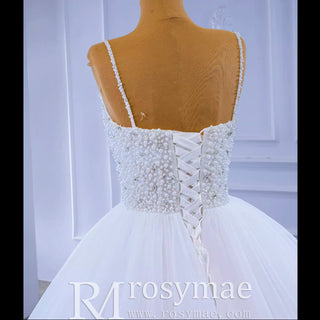 Luxury Beaded Tulle Ball Gown Wedding Dress with Spaghetti Straps