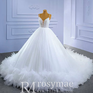 Luxury Beaded Tulle Ball Gown Wedding Dress with Spaghetti Straps