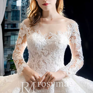 Vintage Ball Gown Lace Ruffle Wedding Dress with Sheer Long Sleeves