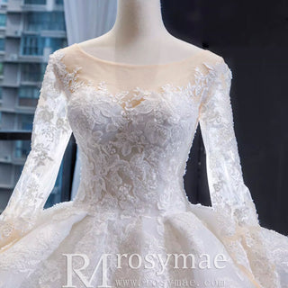 Vintage Ball Gown Lace Ruffle Wedding Dress with Sheer Long Sleeves