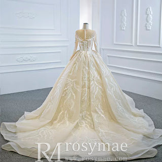 Long Sleeve Champagne Puffy Wedding Dress with Long Sleeve