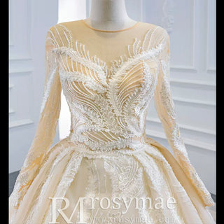 Long Sleeve Champagne Puffy Wedding Dress with Long Sleeve