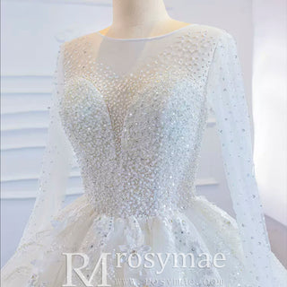 Sparkly 3D Flower Princess Wedding Dress with Long Sheer Sleeves