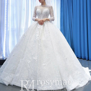 Sparkly 3D Flower Princess Wedding Dress with Long Sheer Sleeves