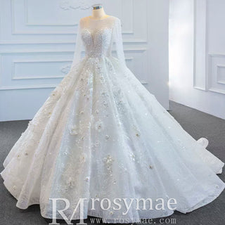 Sparkly 3D Flower Princess Wedding Dress with Long Sheer Sleeves