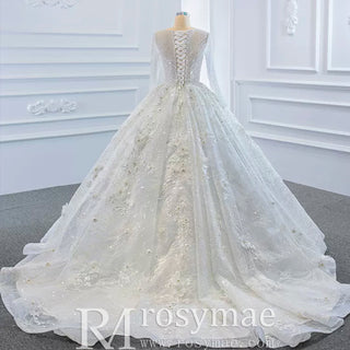 Sparkly 3D Flower Princess Wedding Dress with Long Sheer Sleeves