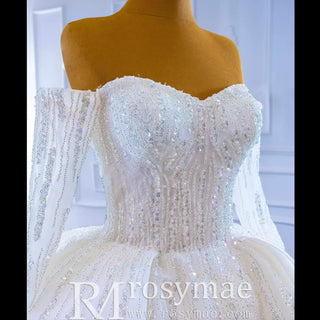 Beaded Ball Gown Long Sleeve Wedding Dress with Off the Shoulder