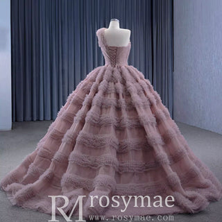 One Shoulder Ruffle Ball Gown Luxury Princess Quinceanera Dress