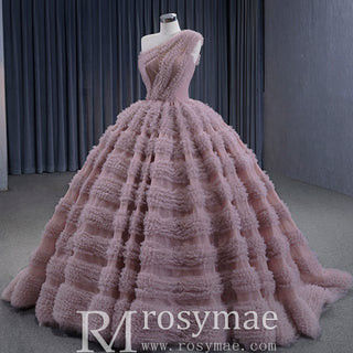 One Shoulder Ruffle Ball Gown Luxury Princess Quinceanera Dress