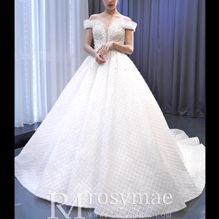 Ball Gown Off the Shoulder Wedding Gown Beaded Pearl Wedding Dress