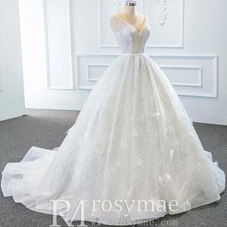 Sparkly Ball Gown Lace Vneck Wedding Dress with Feather