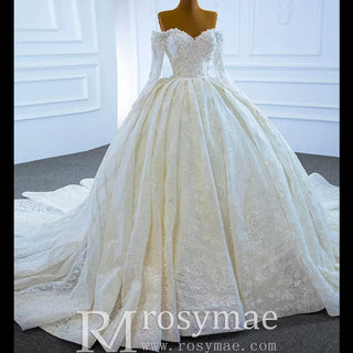 Elegant Off the Shoulder Lace Ball Gown Wedding Dress with Long Sleeves