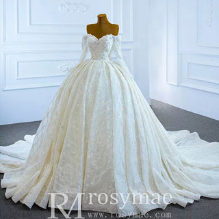 Elegant Off the Shoulder Lace Ball Gown Wedding Dress with Long Sleeves