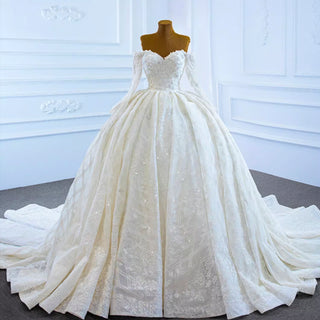 Elegant Off the Shoulder Lace Ball Gown Wedding Dress with Long Sleeves