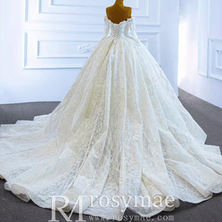 Elegant Off the Shoulder Lace Ball Gown Wedding Dress with Long Sleeves