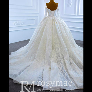 Elegant Off the Shoulder Lace Ball Gown Wedding Dress with Long Sleeves