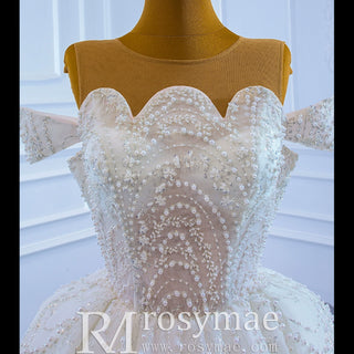 Off the Shoulder Sparkly Pearl Beaded Wedding Dress with High Back