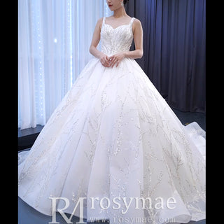 Luxury Beaded Ball Gown Queen-ann Wedding Dress with Wide Strap