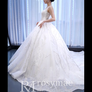 Luxury Beaded Ball Gown Queen-ann Wedding Dress with Wide Strap