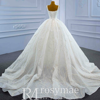 Luxury Beaded Ball Gown Queen-ann Wedding Dress with Wide Strap