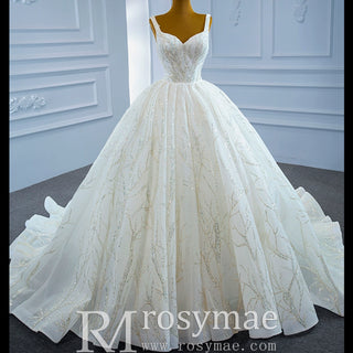 Luxury Beaded Ball Gown Queen-ann Wedding Dress with Wide Strap